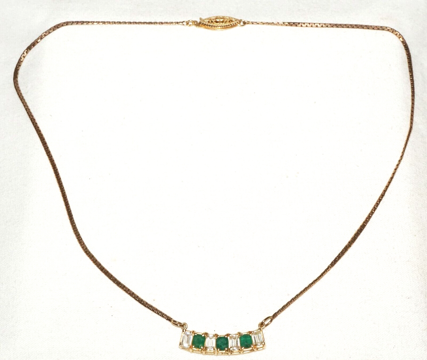 Vintage 14k Yellow Gold Necklace w. Bar Pendant 3x Emeralds & 4x CZ's (GoB) #29