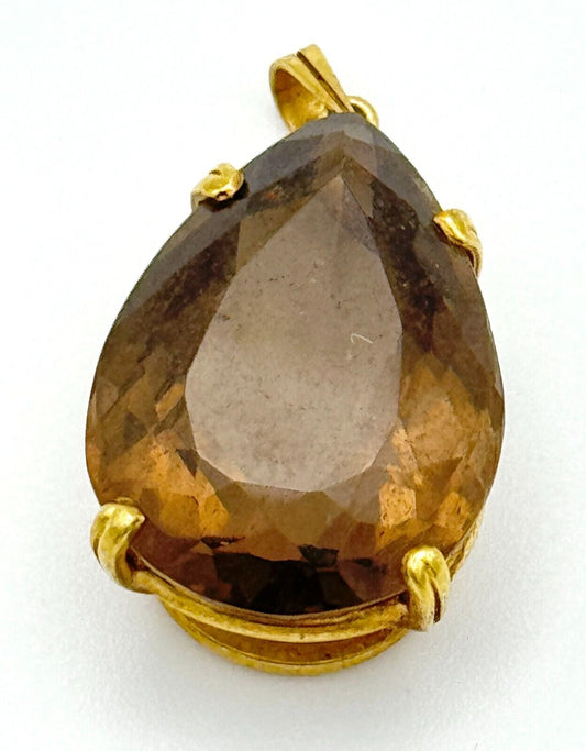 Vintage 14k Yellow Gold Pear-Cut Faceted Smoky Quartz Prong Set Pendant (McC)