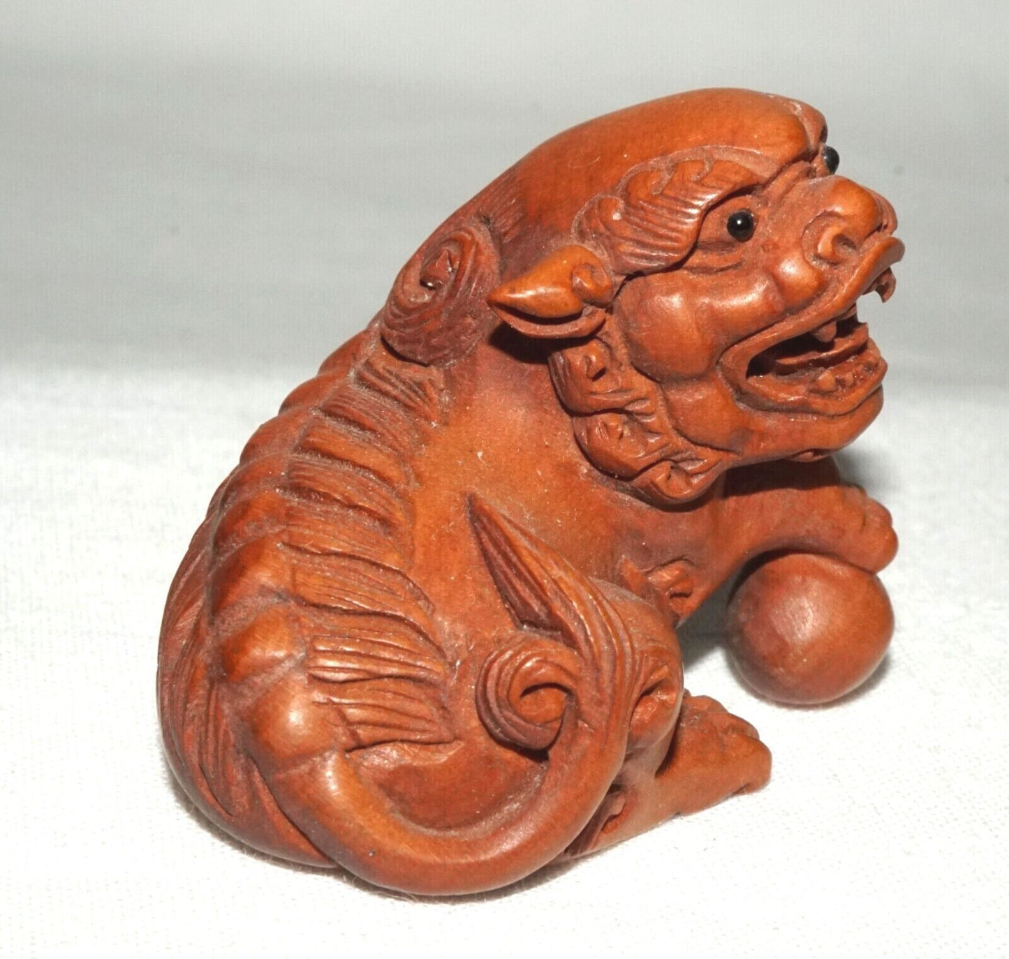 Vintage Japanese Wooden Carved Netsukes Lion Dog w. Ball Motif Signed (FeH