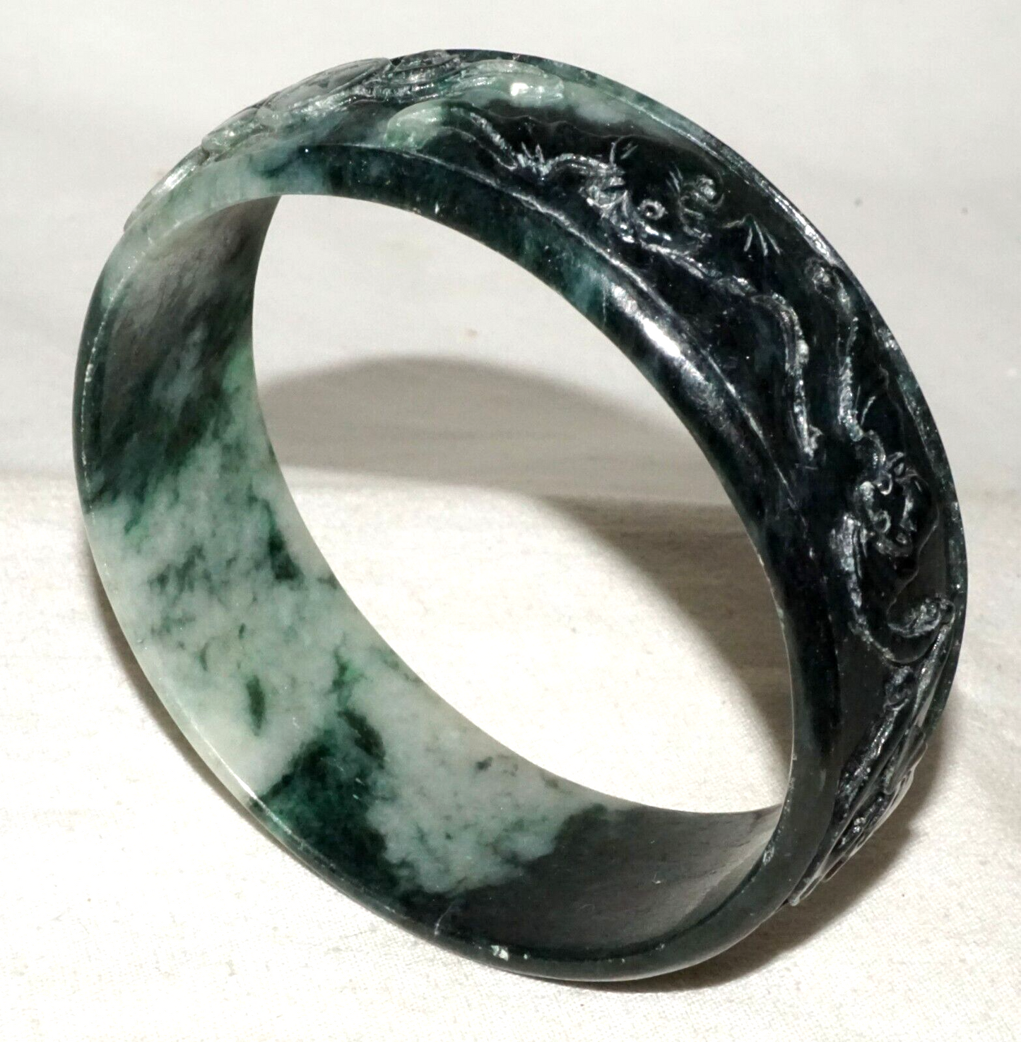 Vintage Chinese White & Green Jadeite Jade Bangle Bracelet Bat & Coin (LeS)L25