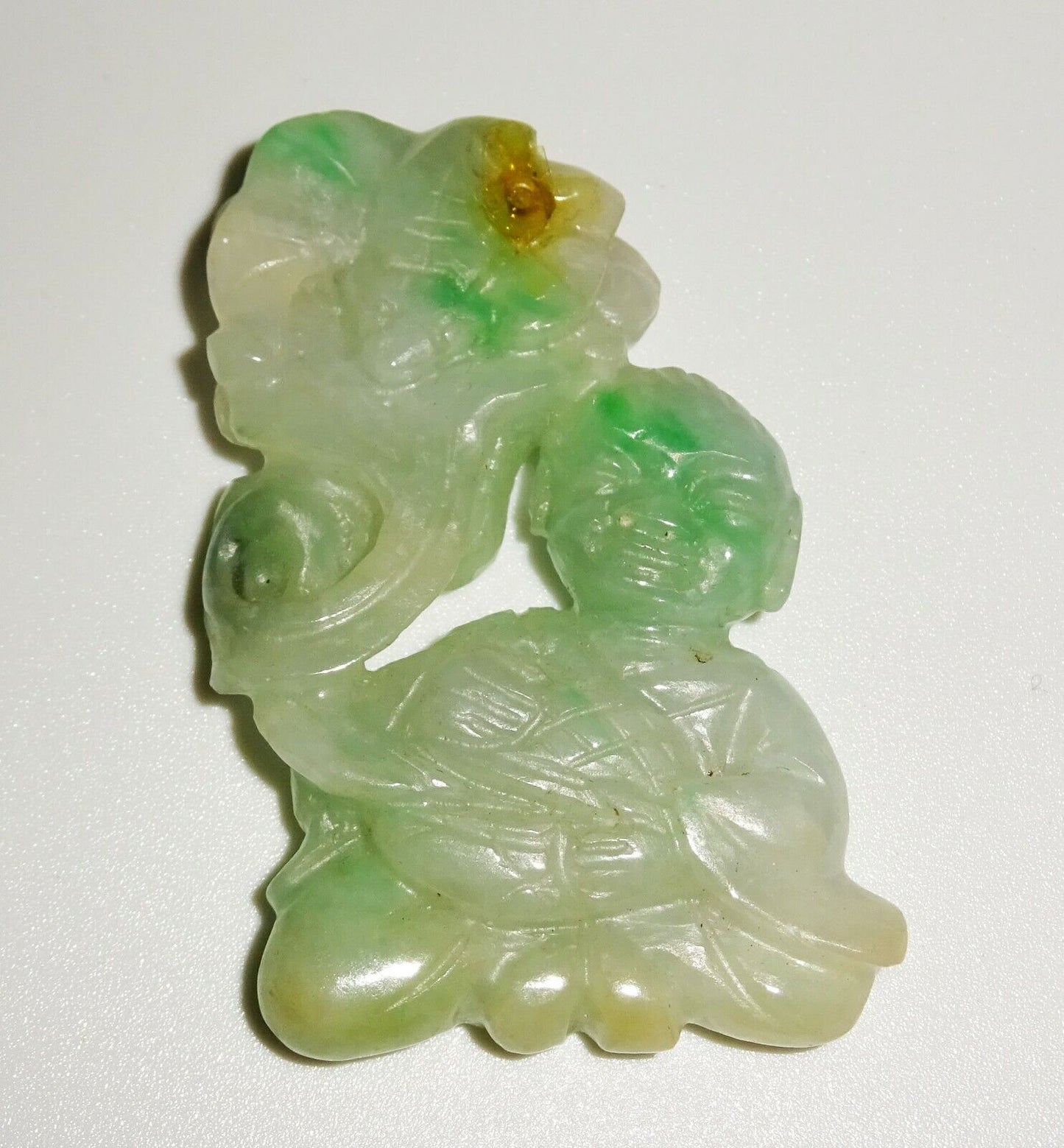 Vintage Chinese Mottled Green Jadeite Jade Carving Boy Lingzhi & Bat (LuD)