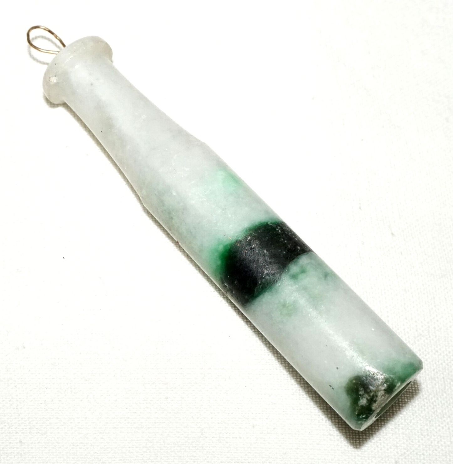 Vintage Chinese White & Emerald Jade Carved Cigarette Holder Pendant (LeS)L24