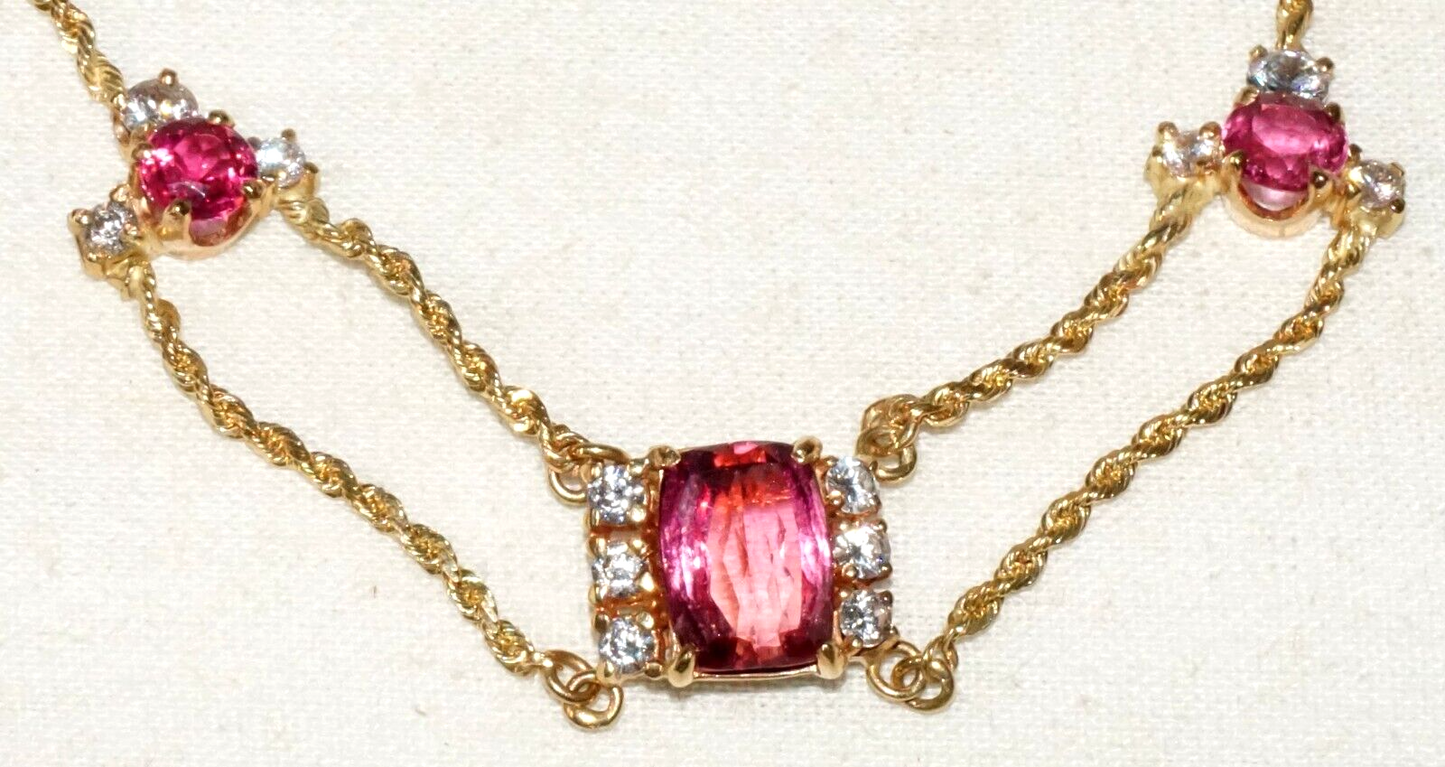 Vintage 14k Yellow Gold Rope Chain Necklace w. 3x Tourmalines & 12x CZ (GoB) #15