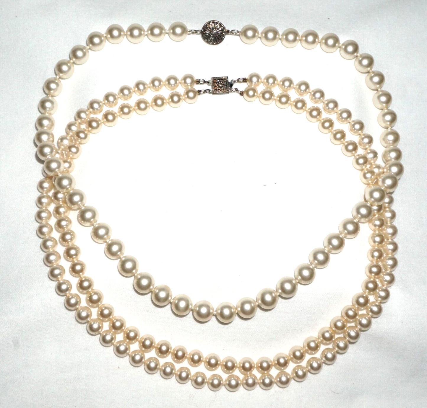 2Pc Vintage Faux Pearl Single & Double Strand Necklaces w. Silver Clasps (BrM)