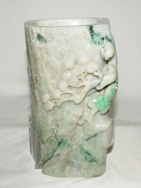 Chinese Jadeite Jade Carved Brush Pot w. Pine Tree Stump & Lingzhi Motifs (InS)