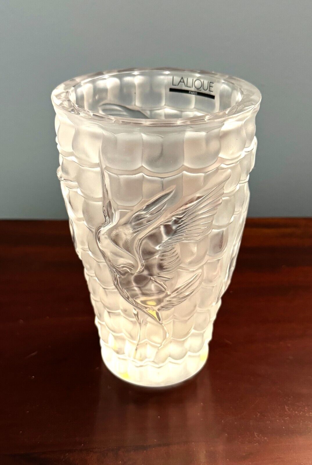 Vintage French Lalique Frosted Crane Vase With Box (InS)