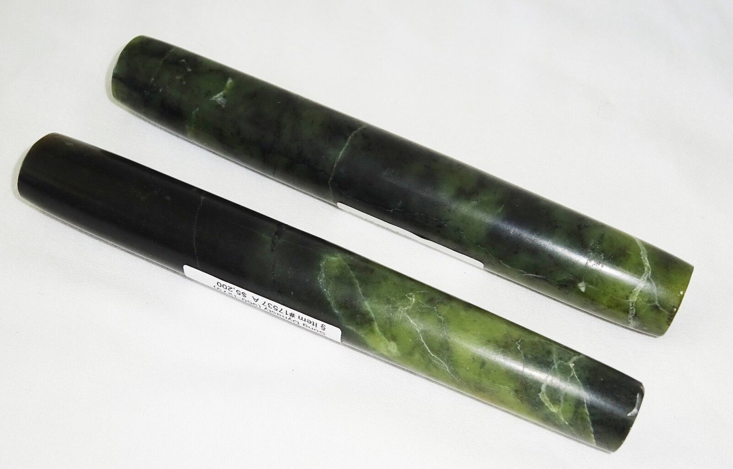 10C Pair Chinese Song Dynasty Large Green Tubular Drilled Jade Beads (Mil)