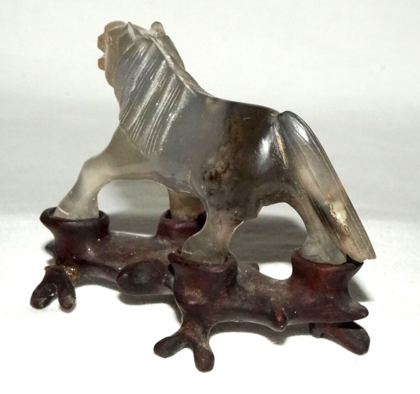 Vintage Chinese Gray & Purple Fluorite Carving Frolicking Horse on Stand (FeH)