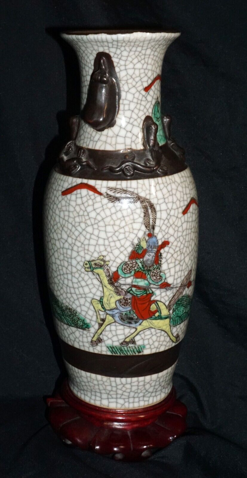 1900 Chinese Pottery Vase w. Crackled Finish Warrior on Horses Motif (ChT) IC