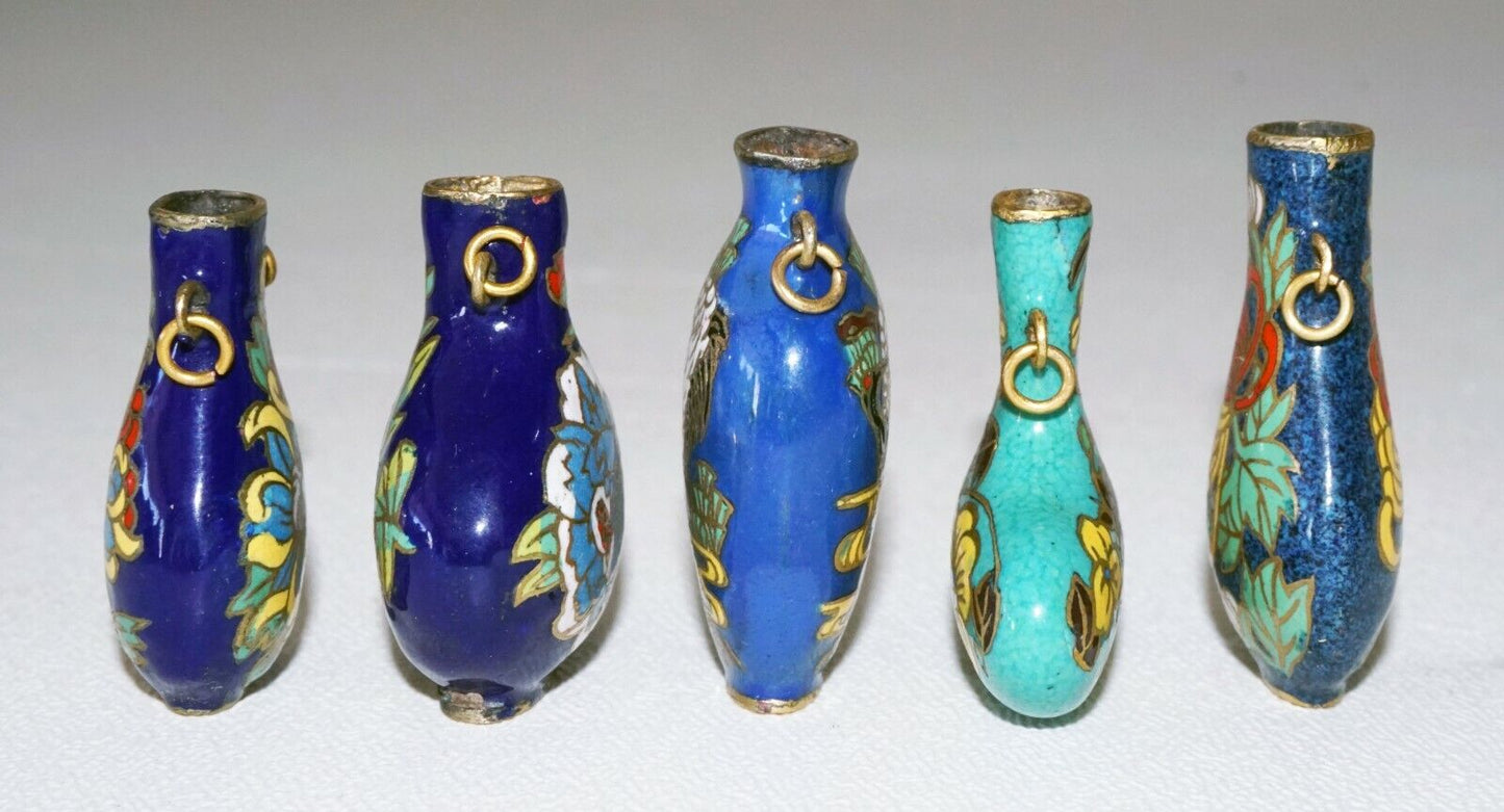 5Pc Chinese Cloisonne Enamel Miniature Vases w. Floral & Bird Motifs (DeL) #3