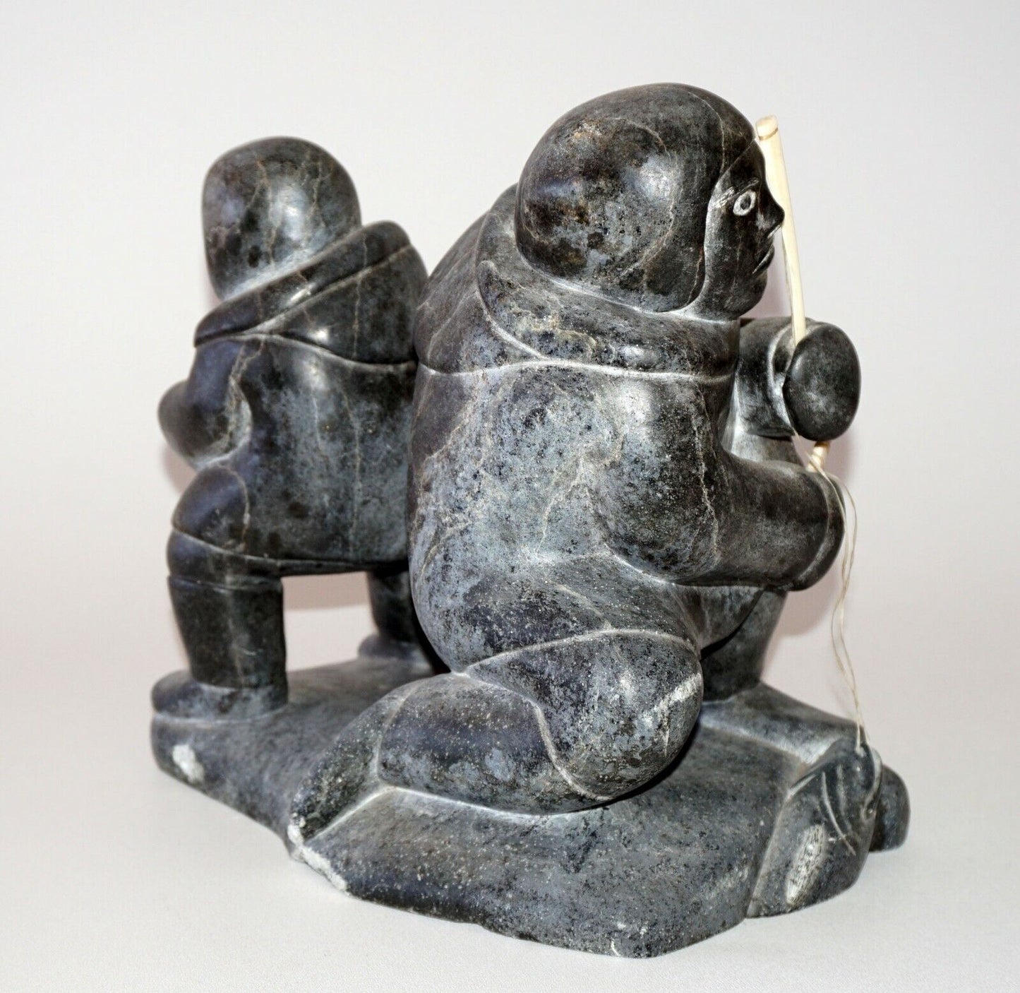 74 Canada Eskimo Stone Carved Ice Fishers Sculpture by Thomassie Tookalook (Kor)