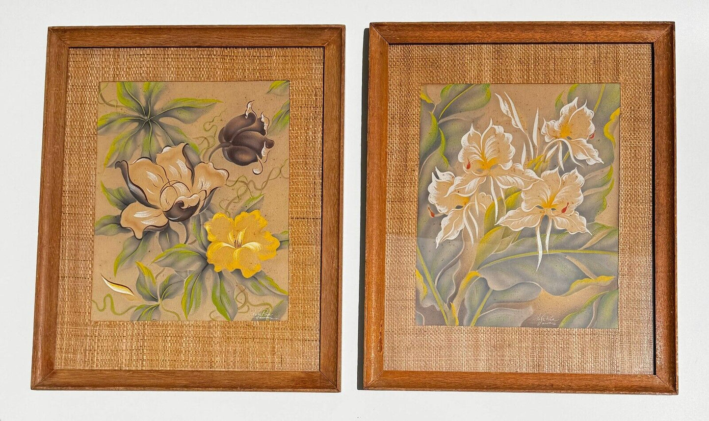 (2x) 1950's Hale Pua Hawaii Airbrushed Floral Paintings by Frank Oda (KuK)