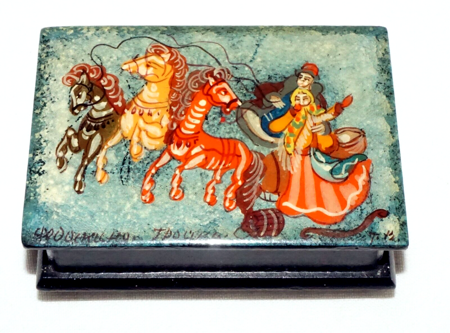 Vintage Russian Lacquer Box Two Figures & Three Horses signed (AHB)