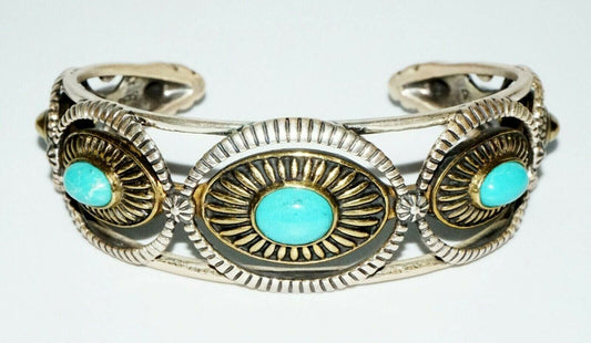 Vintage S.W. Sterling Silver & Brass Bracelet w. Turquoise by Relios (SaR)#218