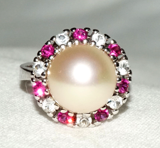 Vintage Sterling Silver Ring Sz. 5.25 w. Faux Pearl & Synthetic Stones (KoS) L17