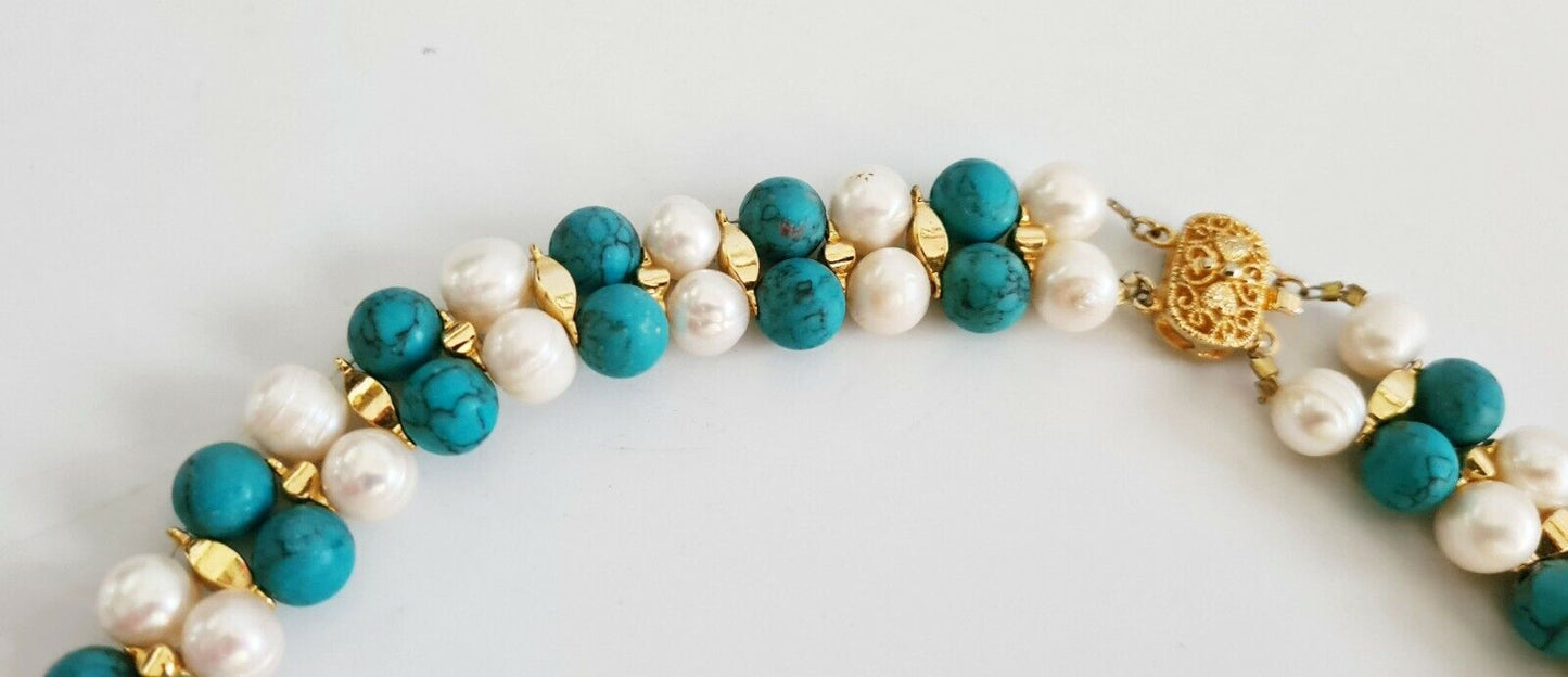 Vintage Turquoise Bead & Pearl Double Strand Choker Necklace w. G.P. Clasp (PaB)