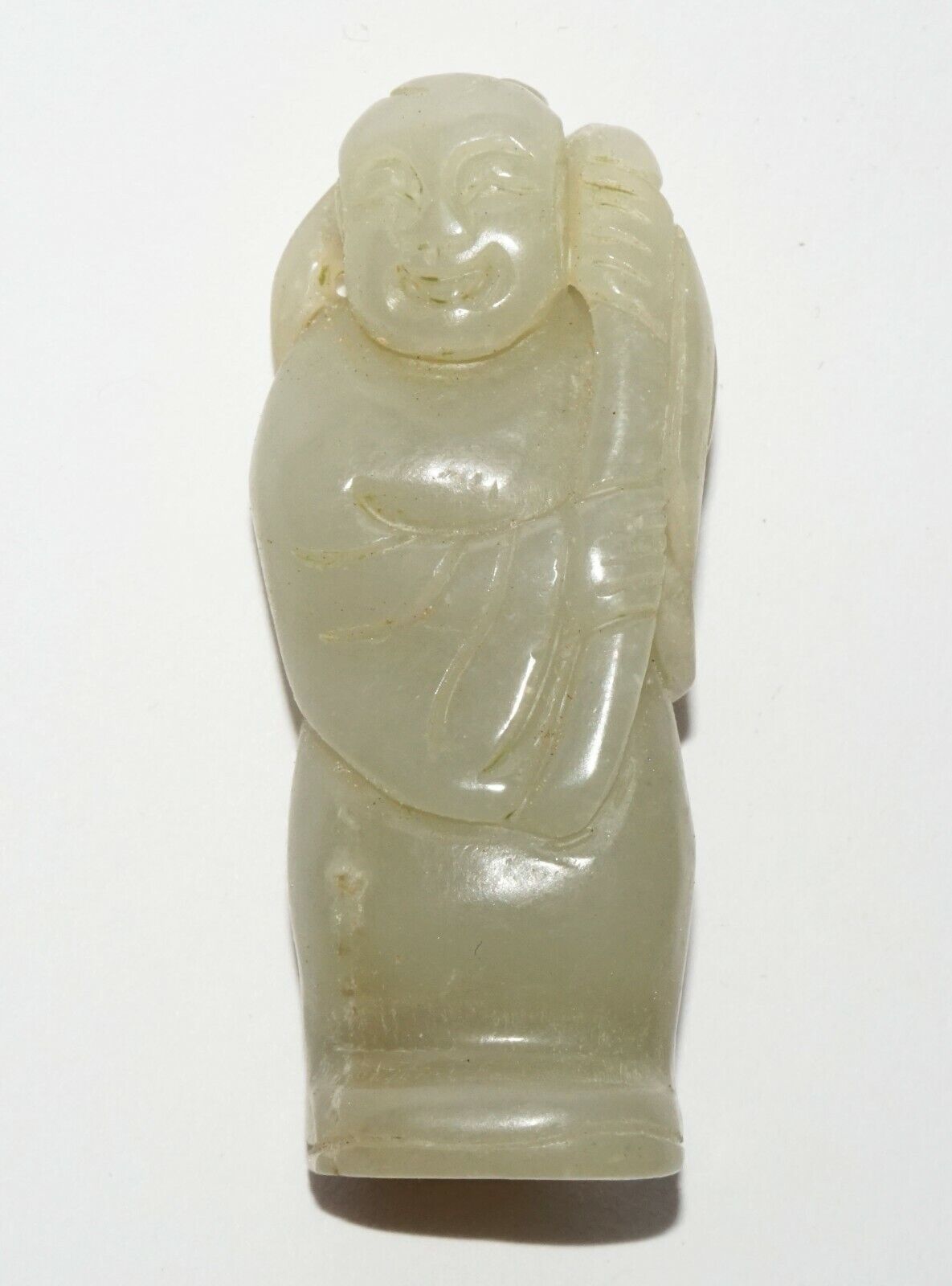 Vintage Chinese Pierced Nephrite Carved Standing Figure Holding Lingzhi (LeS) G3