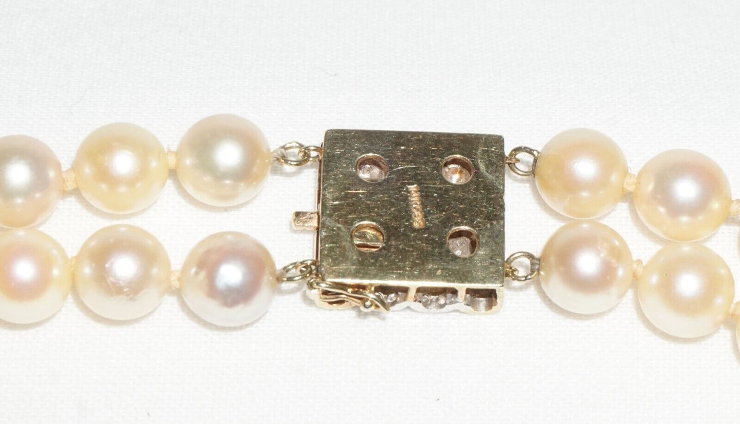 Vintage Double Strand Pearl Necklace 14k Y. Gold Clasp w. 28x Diamonds (BiB)