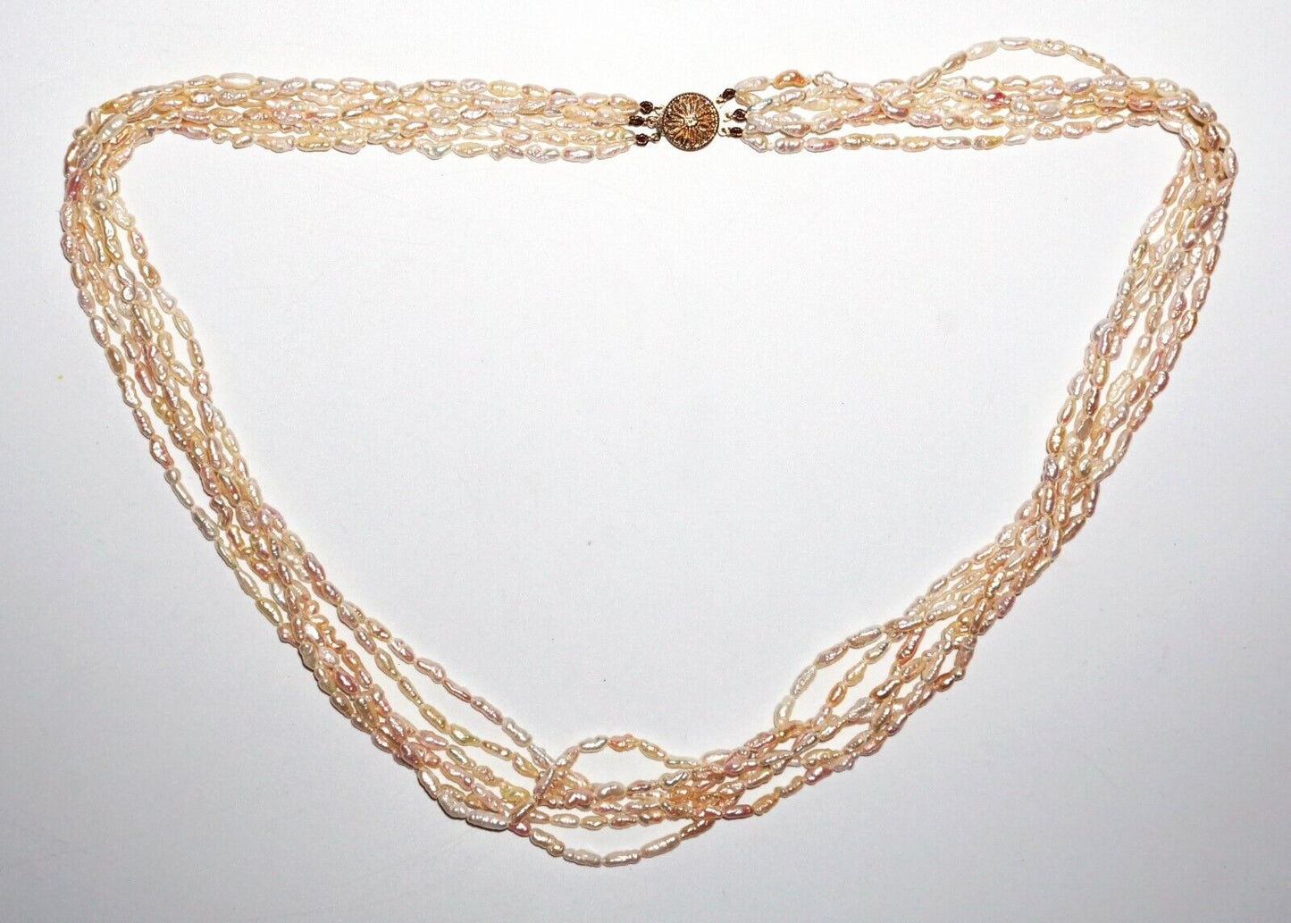 Vintage 6x Strand Freshwater Pearl Necklace w. 14k Y.G. Filigree Clasp (SaR)