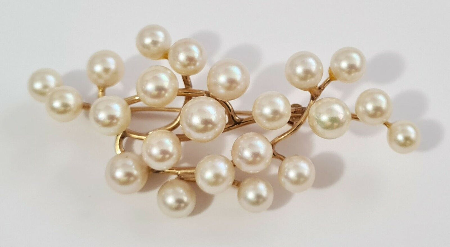 14k Yellow Gold Branch Motif Brooch set w. 24x Pearl Accents (NaD)#7