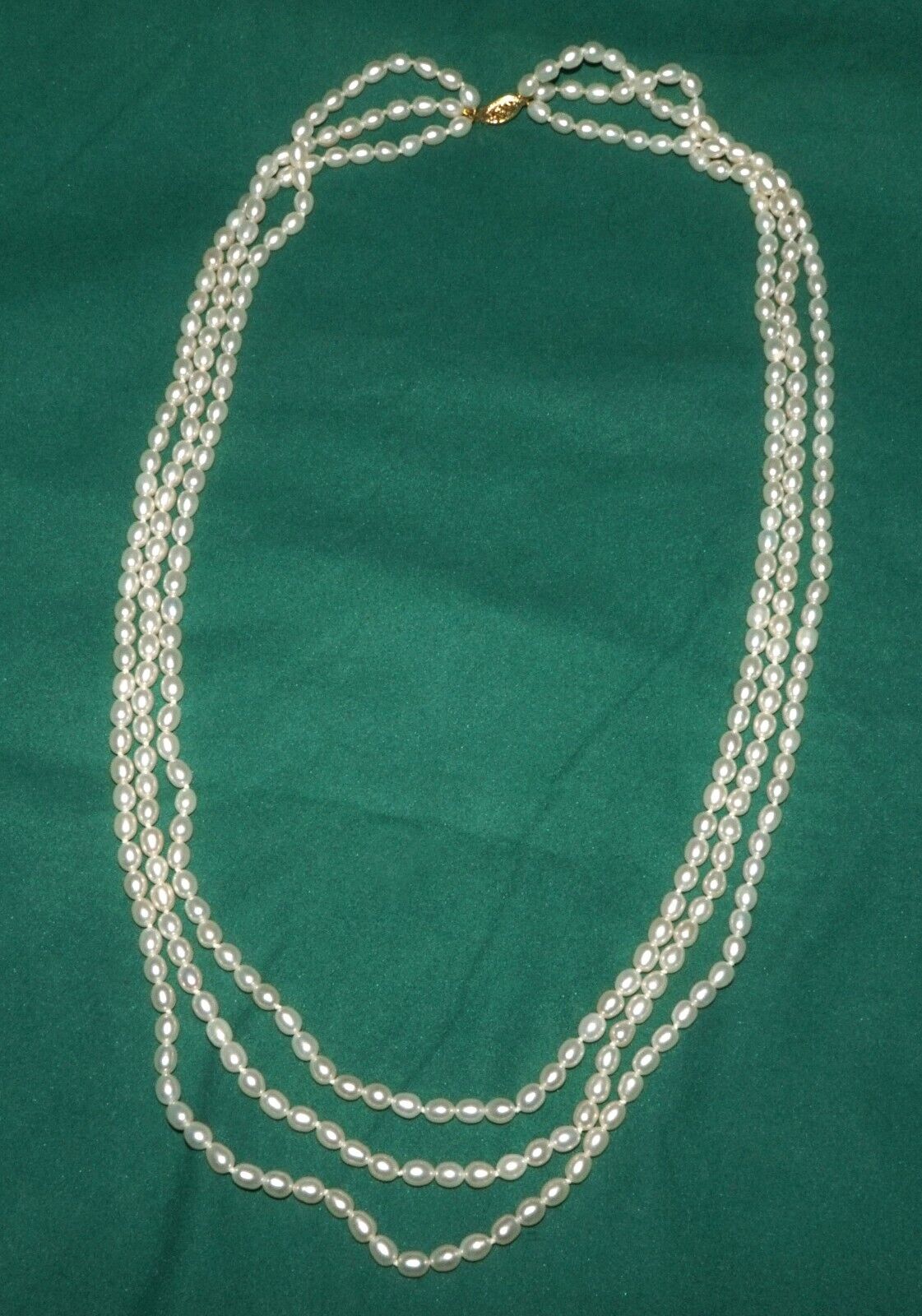 Vintage Triple Strand Oval Freshwater Pearl 26" Necklace w 18k Gold Clasp (AHB)