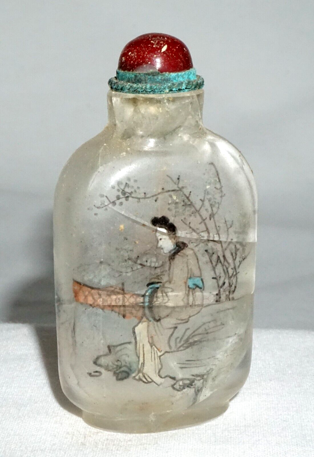 Vtg Chinese Reverse Painted Glass Snuff Bottle Seated Figure in Landscape (LLA)