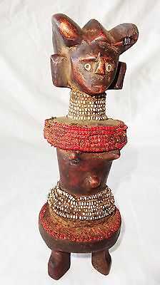 20CT African Zaire Tribal Ancestral Figure Sculpture Carving w Bead Accents(Eic)