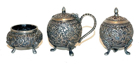3Pc Vintage Asian Silver Mini Condiment Containers Scroll Relief Pattern (ThB)
