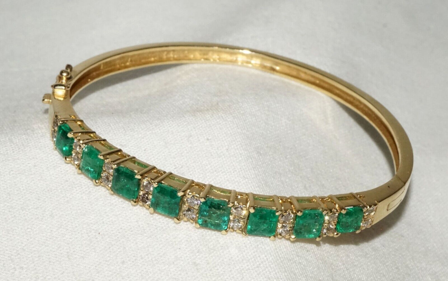 14k Yellow Gold Hinged Bangle Bracelet 4.49ct. Emeralds & 18x Diamonds (GoB) #32