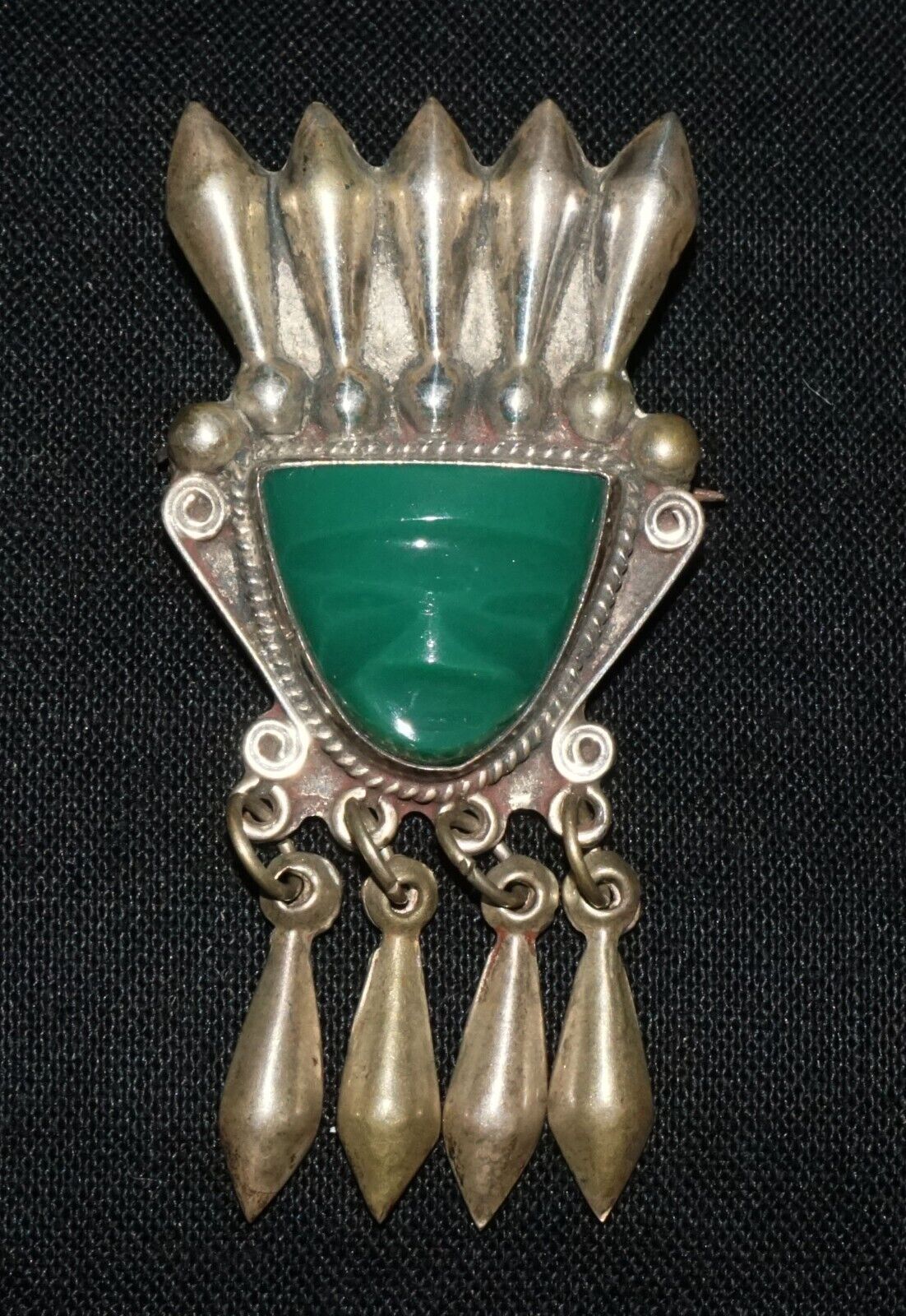 Vintage Mexican Indigenous Mask Motif Sterling Silver & Synthetic Brooch (FeH)