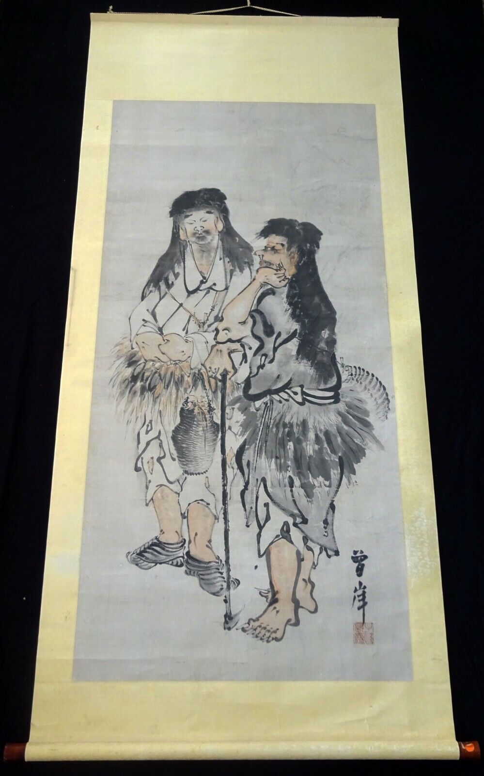 19C Chinese Ink Painting on Paper Scroll Two Daoist Immortals sign Cengan (StP)