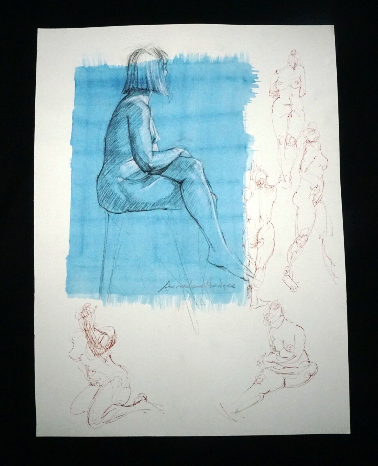 Hawaii Mixed Media Wash Painting Seated Female Nude Snowden Hodges (Sho)#142