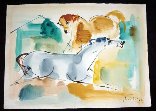 1952 Hawaii Watercolor Painting Two Horses by John C. Young (1909-1997) (CoJ)