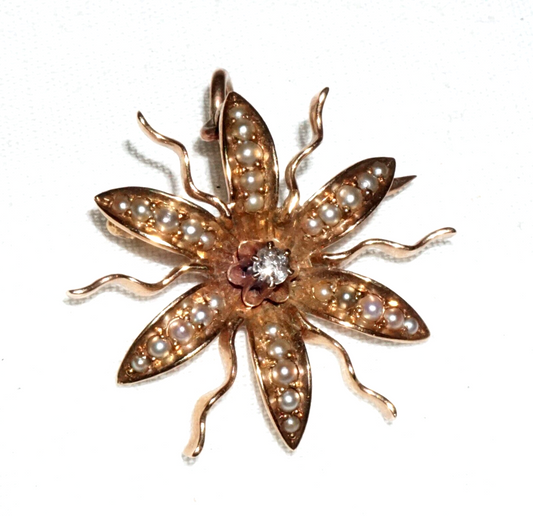 Antique Sunburst Motif Yellow Gold Brooch Pendant w. 30x Pearls & Diamond (GeB)6