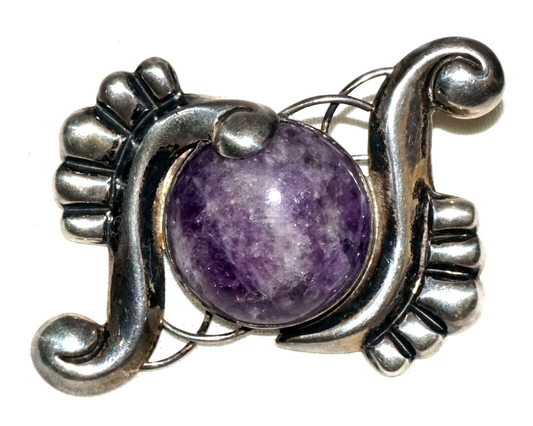 Vtg Mexican Modernist Sterling Silver Scroll Motif & Amethyst Brooch (KoS) L10