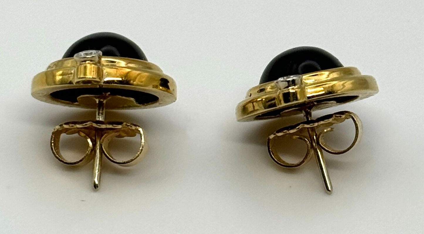 Vintage 18k Yellow Gold Onyx & Diamond Button Earrings (KnK)