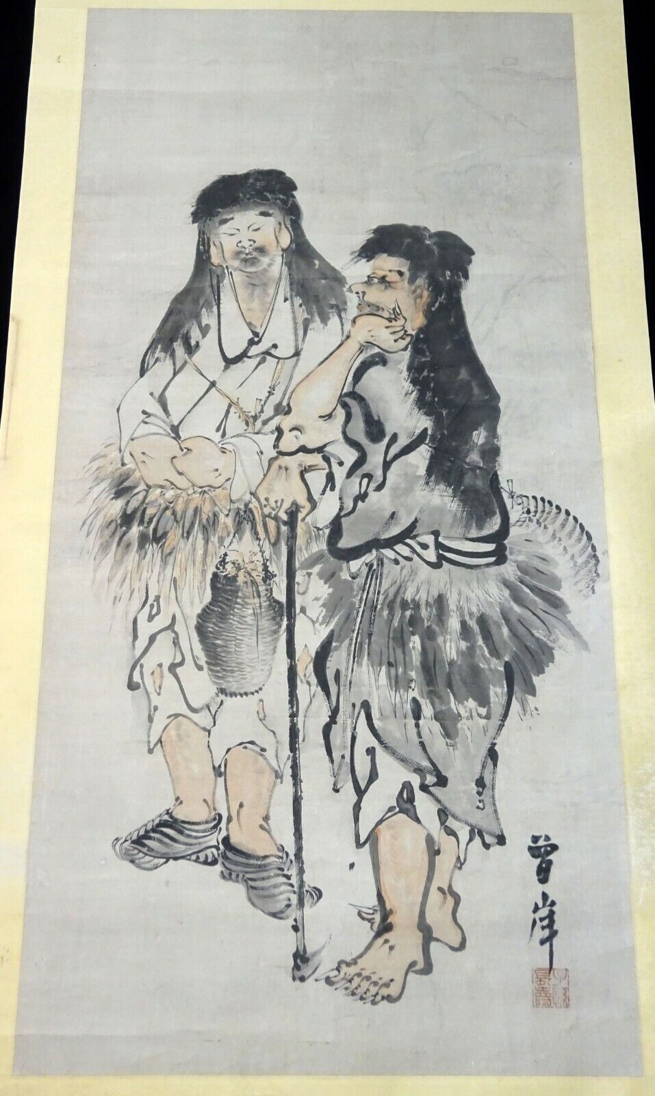 19C Chinese Ink Painting on Paper Scroll Two Daoist Immortals sign Cengan (StP)