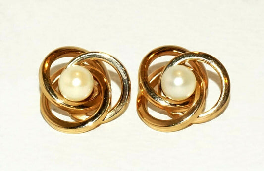 Pair Vintage 14K Yellow Gold Triple Ring and Pearl Design Earrings (HaL)#3