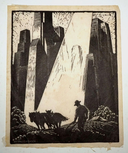 1940s US Lino Cut Print "Old & New" William Fredrick Rauschnabel (1883-1947)(FeH