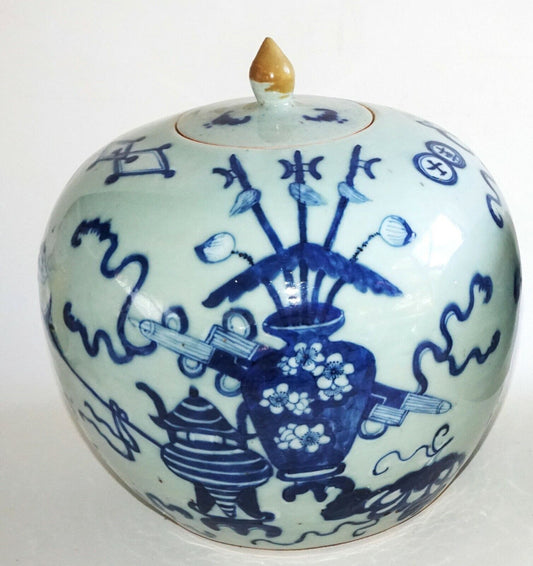 1900 Chinese Ginger Jar w. Blue & White 100 Antiques Motif (AHB)