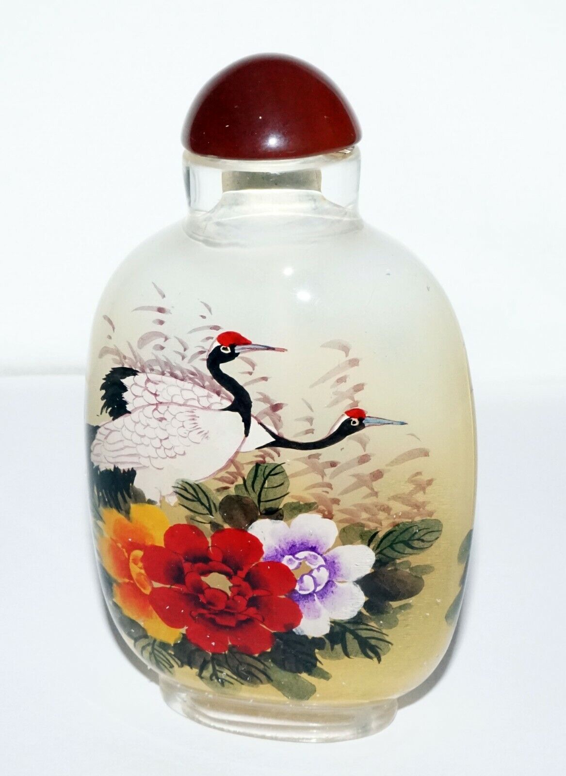 Vintage Chinese Reverse Painted Glass Snuff Bottle w. Birds & Flowers (LeS)