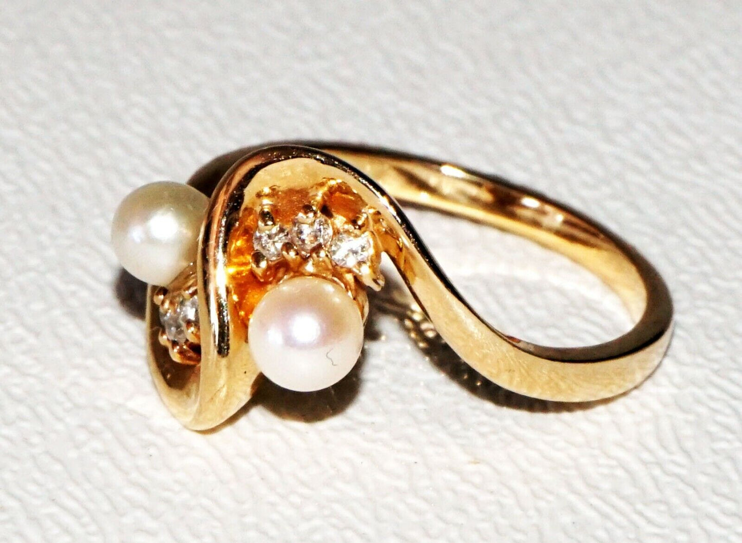 Modernist 14K Yellow Gold Ring Sz. 6.75 set w. 6x Diamonds & 2x Pearls (SaR) #19