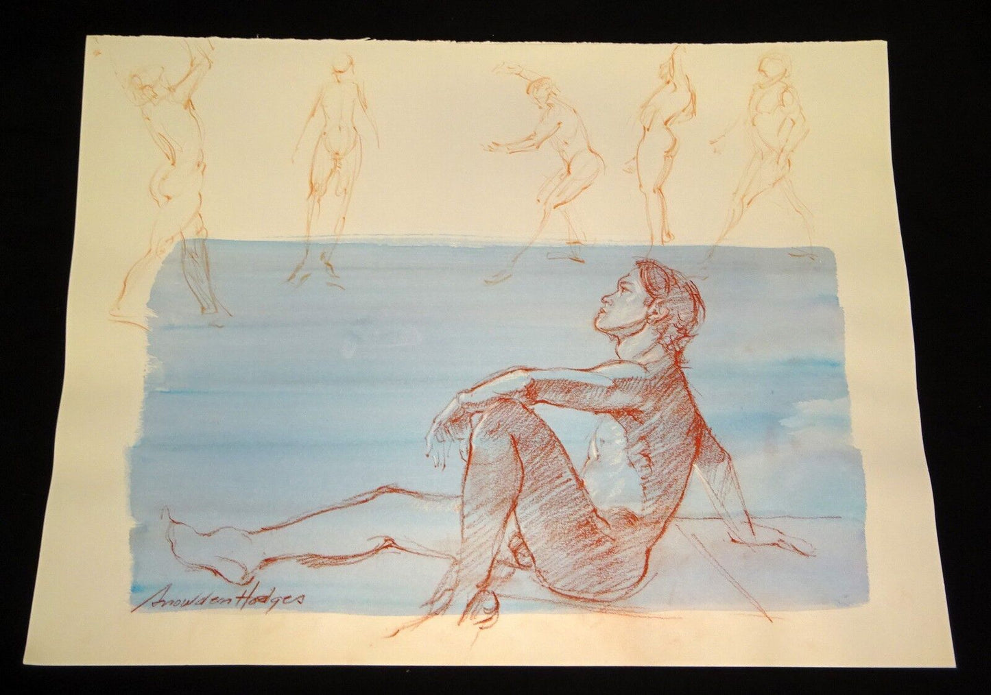 Hawaii Conte Color Wash Drawing Painting Male Nude by Snowden Hodges (Sho)