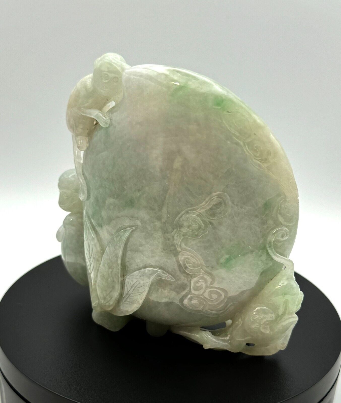 Vintage Chinese Off White Jadeite Carving a Peach w Playful Monkeys (InS)63