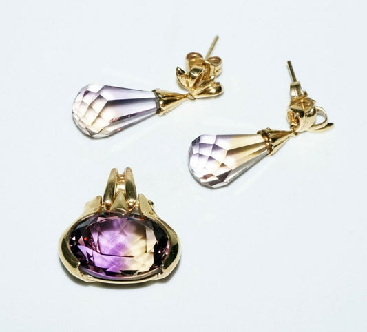 3Pc Modernist Hong Kong 14k Yellow Gold & Amethyst Pendant & Earrings (SaR)#293