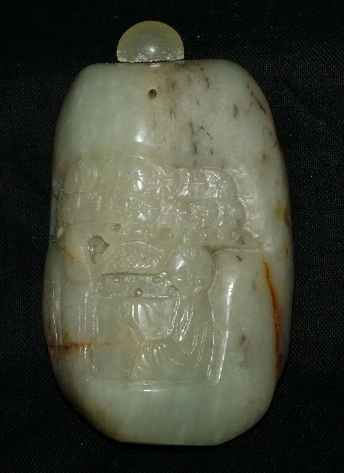 Chinese Jade Pebble Carved Snuff Bottle w. Figure under Pine Tree Motif (LeS) G2