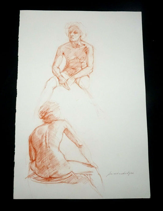 Hawaii Conte Crayon Drawing Seated Male Nude Back View Snowden Hodges (Sho)#28