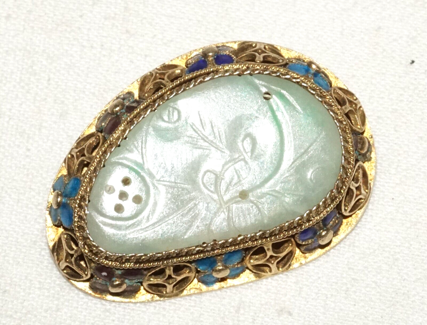 Antique Chinese Silver Filigree & Enamel Brooch set w. Jadeite Jade (InS)#L1-2