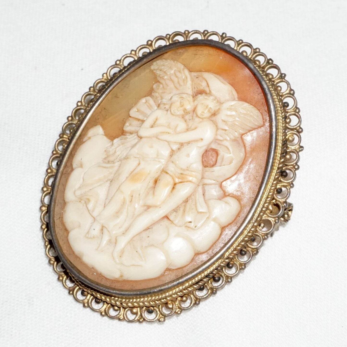 Vintage Unmarked Metal Scroll Design Brooch Shell Cameo w Angel Motif (BiB)