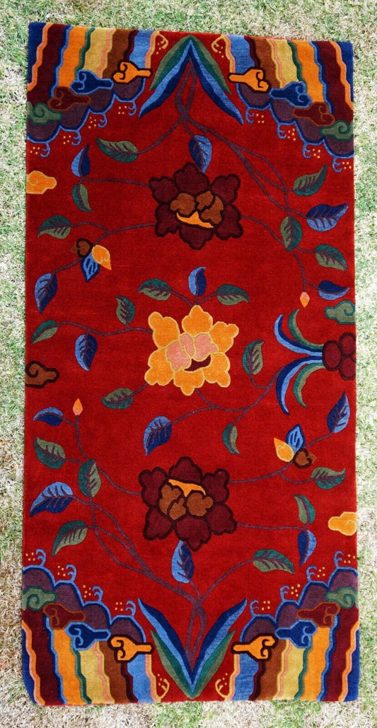 Vintage Tibetan Multi Color Floral Motif Rug 72" x 36" on Red Ground (Sug)